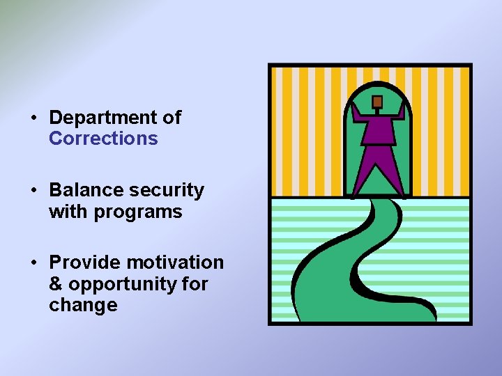  • Department of Corrections • Balance security with programs • Provide motivation &