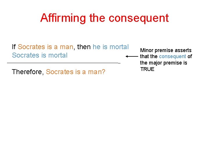 Affirming the consequent If Socrates is a man, then he is mortal Socrates is