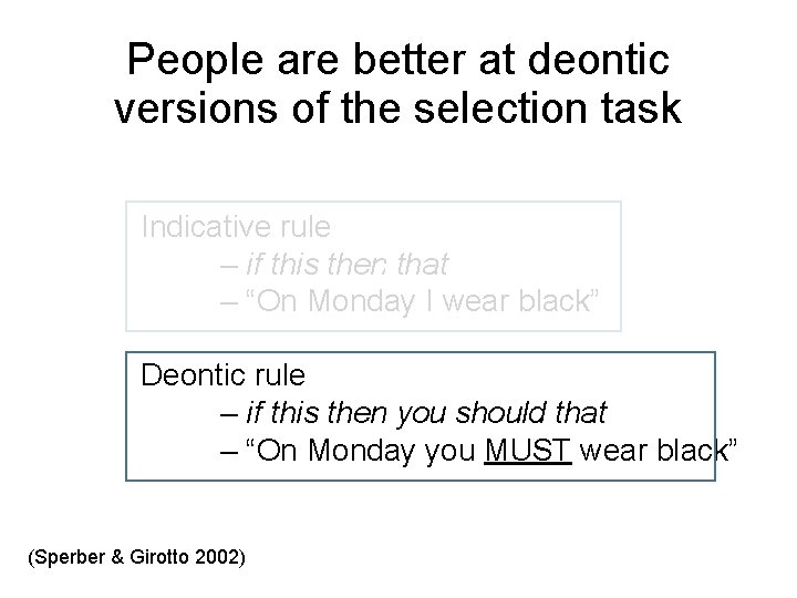 People are better at deontic versions of the selection task Indicative rule – if