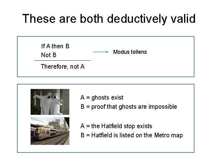 These are both deductively valid If A then B Not B Modus tollens Therefore,