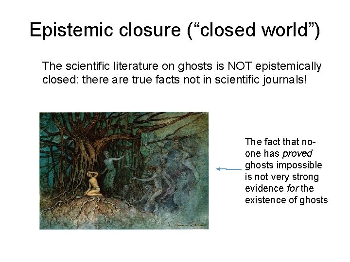 Epistemic closure (“closed world”) The scientific literature on ghosts is NOT epistemically closed: there