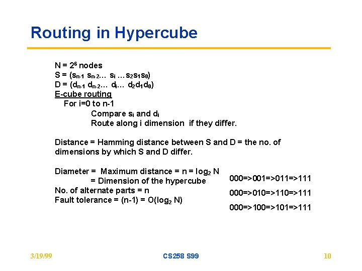 Routing in Hypercube N = 26 nodes S = (sn-1 sn-2… si …s 2