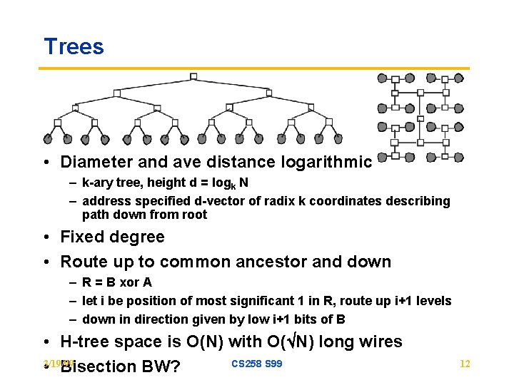 Trees • Diameter and ave distance logarithmic – k-ary tree, height d = logk