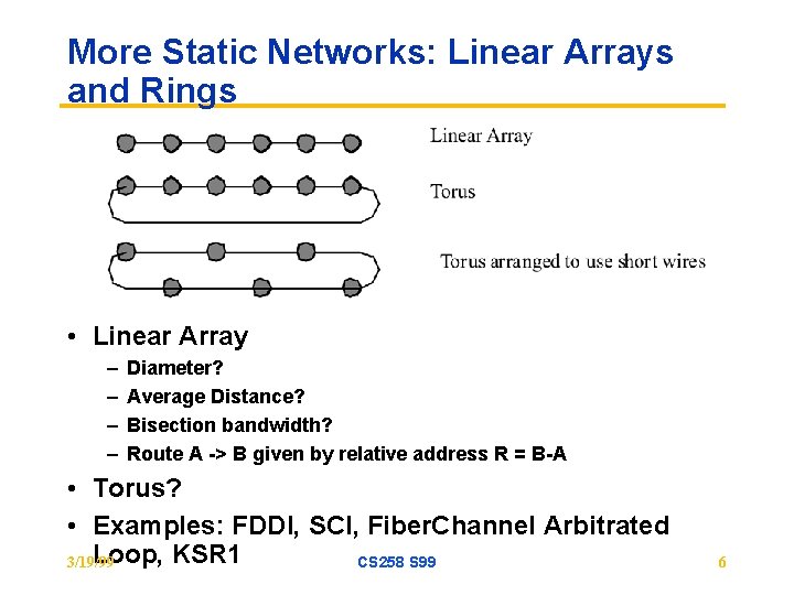 More Static Networks: Linear Arrays and Rings • Linear Array – – Diameter? Average