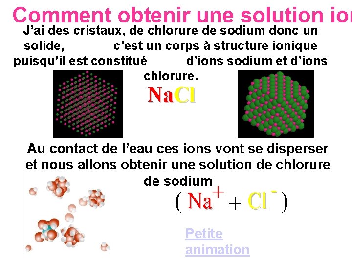 Comment obtenir une solution J’ai des cristaux, de chlorure de sodium donc un solide,