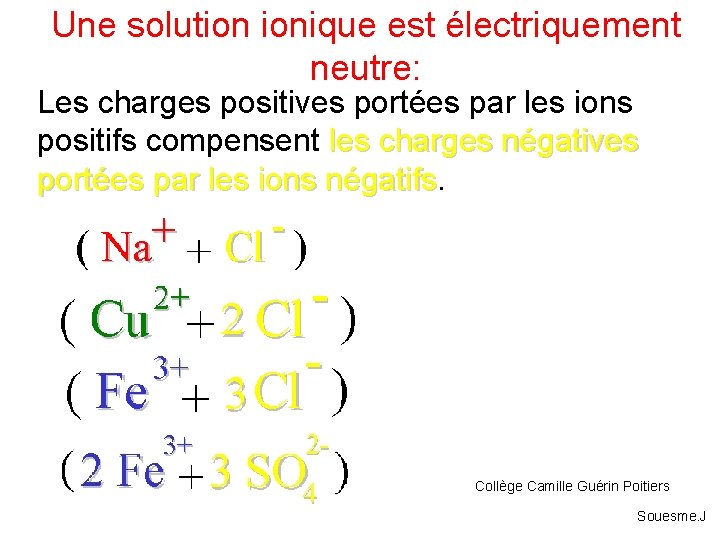 Une solution ionique est électriquement neutre: Les charges positives portées par les ions positifs