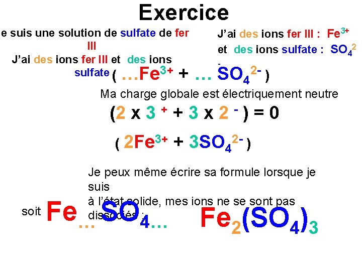 Exercice Je suis une solution de sulfate de fer III J’ai des ions fer