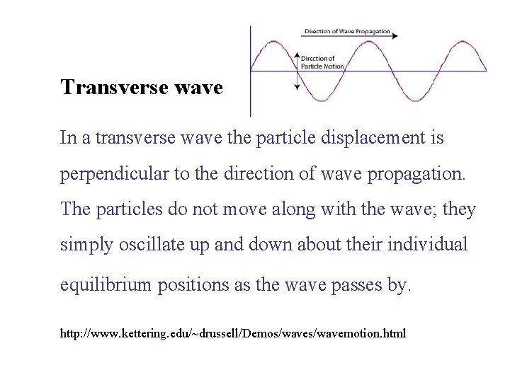 Transverse wave In a transverse wave the particle displacement is perpendicular to the direction