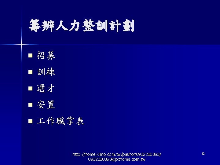 籌辨人力整訓計劃 n 招募 n 訓練 n 選才 n 安置 n 作職掌表 http: //home. kimo.