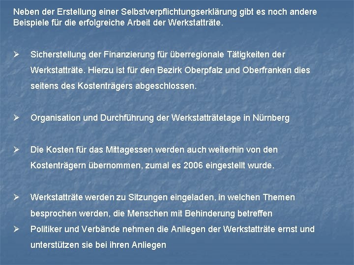 Neben der Erstellung einer Selbstverpflichtungserklärung gibt es noch andere Beispiele für die erfolgreiche Arbeit