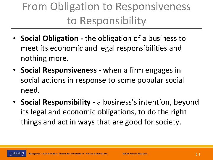 From Obligation to Responsiveness to Responsibility • Social Obligation - the obligation of a