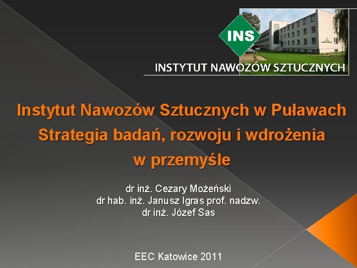 Instytut Nawozów Sztucznych w Puławach Strategia badań, rozwoju i wdrożenia w przemyśle dr inż.