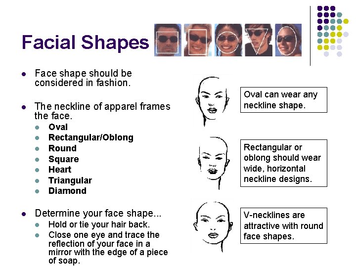 Facial Shapes l l Face shape should be considered in fashion. The neckline of