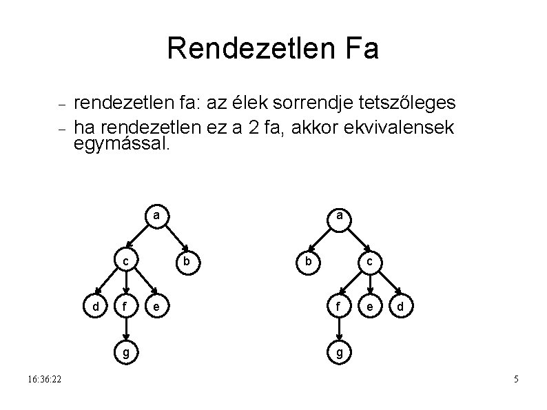 Rendezetlen Fa rendezetlen fa: az élek sorrendje tetszőleges ha rendezetlen ez a 2 fa,