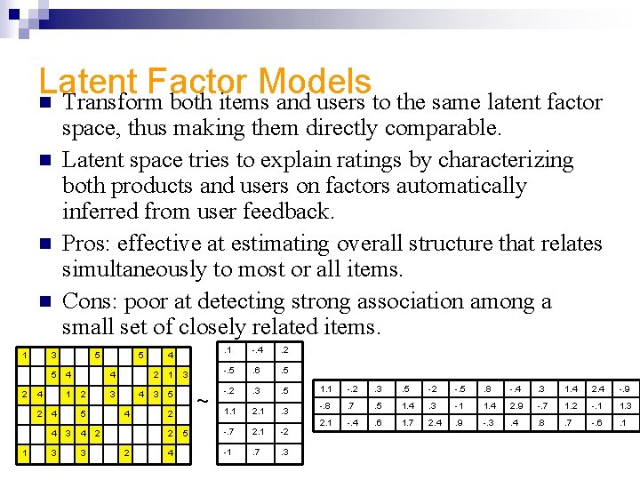 Latent Factor Models n Transform both items and users to the same latent factor