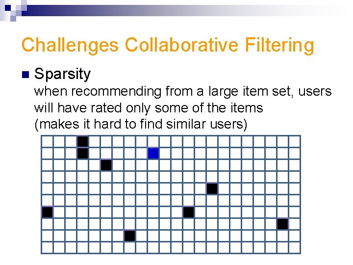 Challenges Collaborative Filtering n Sparsity when recommending from a large item set, users will