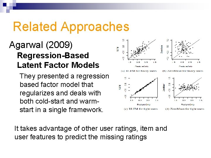 Related Approaches Agarwal (2009) Regression-Based Latent Factor Models They presented a regression based factor