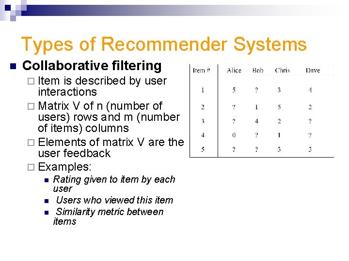 Types of Recommender Systems n Collaborative filtering ¨ Item is described by user interactions
