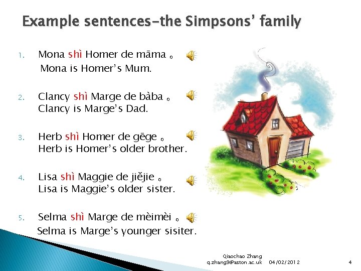Example sentences-the Simpsons’ family 1. Mona shì Homer de māma 。 Mona is Homer’s