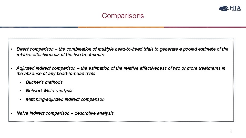 Comparisons • Direct comparison – the combination of multiple head-to-head trials to generate a