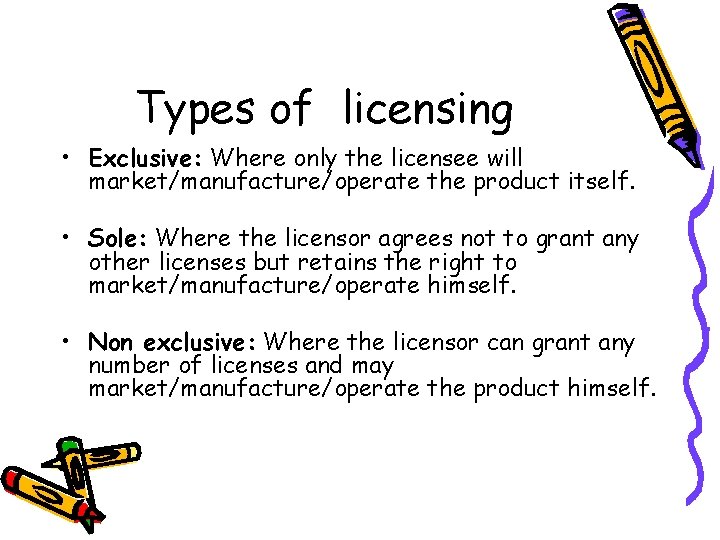 Types of licensing • Exclusive: Where only the licensee will market/manufacture/operate the product itself.