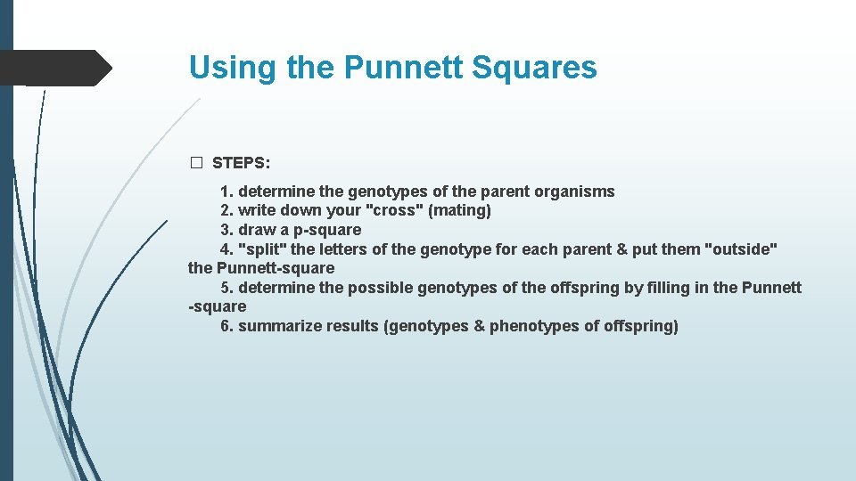 Using the Punnett Squares � STEPS: 1. determine the genotypes of the parent organisms