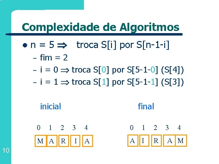 Complexidade de Algoritmos l n=5 – – – troca S[i] por S[n-1 -i] fim