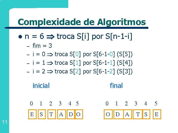 Complexidade de Algoritmos l n = 6 troca S[i] por S[n-1 -i] – –