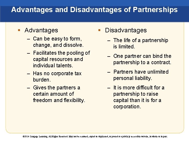 Advantages and Disadvantages of Partnerships § Advantages – Can be easy to form, change,
