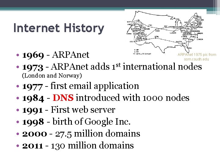 Internet History • 1969 - ARPAnet • 1973 - ARPAnet adds 1 st international