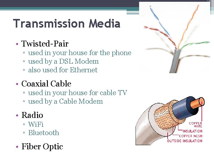 Transmission Media • Twisted-Pair ▫ used in your house for the phone ▫ used