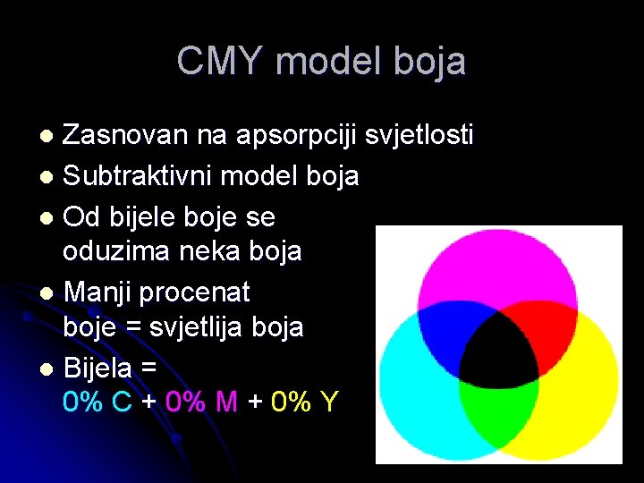 CMY model boja Zasnovan na apsorpciji svjetlosti l Subtraktivni model boja l Od bijele