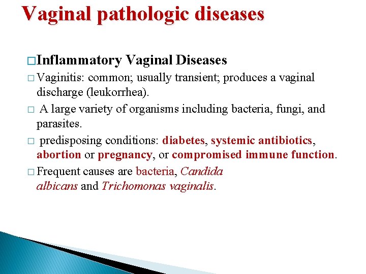 Vaginal pathologic diseases � Inflammatory � Vaginitis: Vaginal Diseases common; usually transient; produces a Vaginal pathologic diseases � Inflammatory � Vaginitis: Vaginal Diseases common; usually transient; produces a