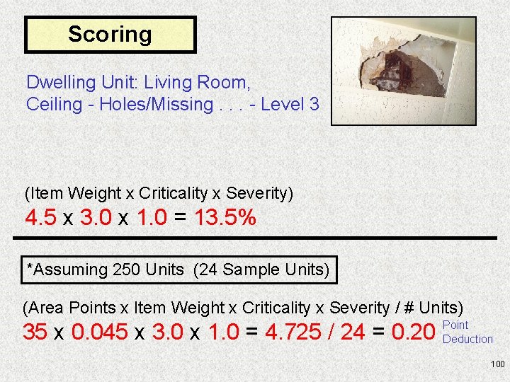 Scoring Dwelling Unit: Living Room, Ceiling - Holes/Missing. . . - Level 3 (Item