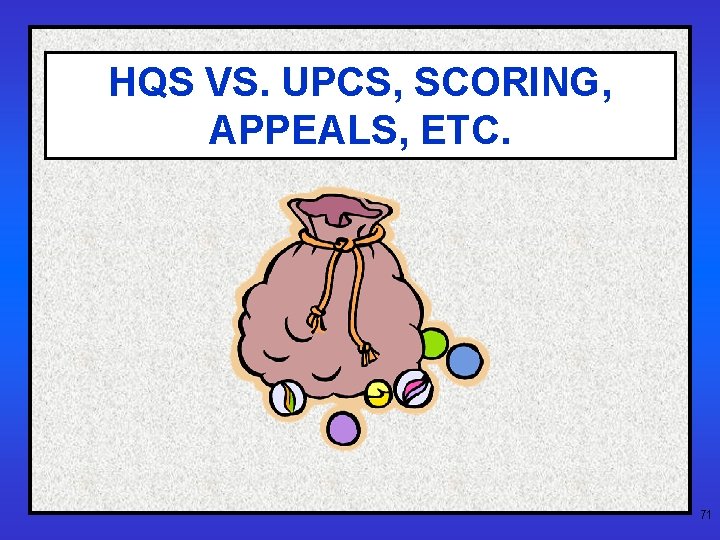 HQS VS. UPCS, SCORING, APPEALS, ETC. 71 