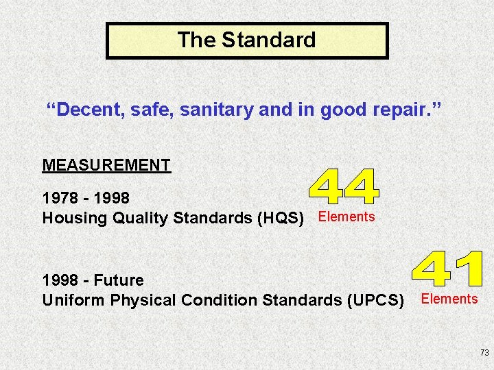 The Standard “Decent, safe, sanitary and in good repair. ” MEASUREMENT 1978 - 1998