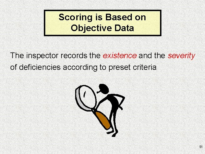 Scoring is Based on Objective Data The inspector records the existence and the severity