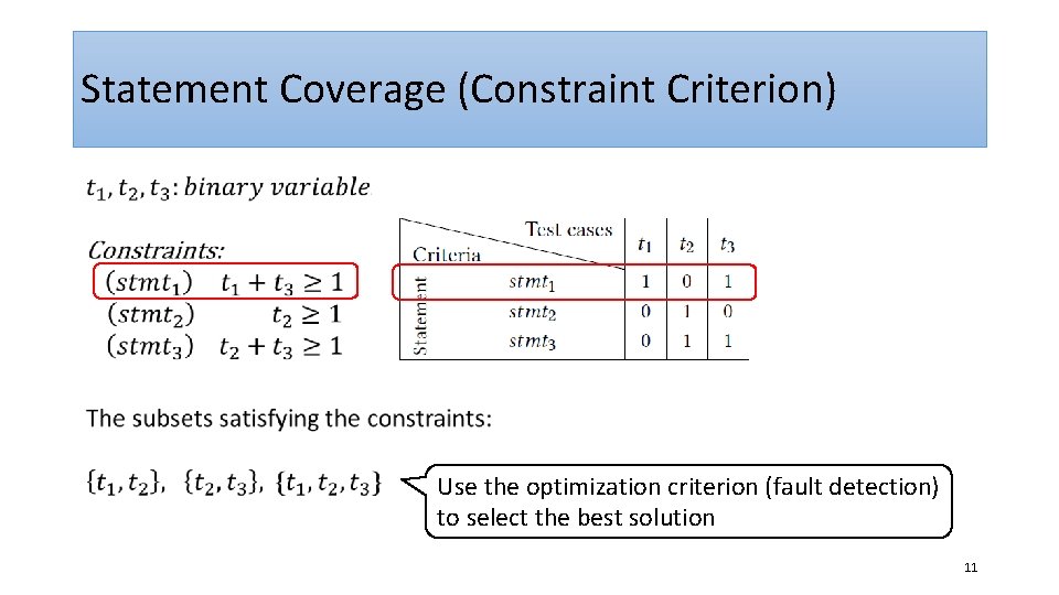 Statement Coverage (Constraint Criterion) Use the optimization criterion (fault detection) to select the best