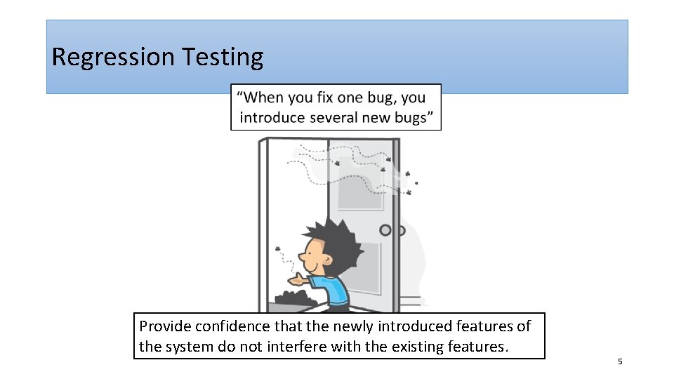 Regression Testing Provide confidence that the newly introduced features of the system do not