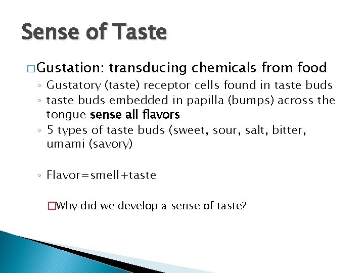 Sense of Taste � Gustation: transducing chemicals from food ◦ Gustatory (taste) receptor cells