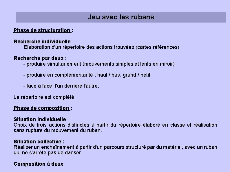 Jeu avec les rubans Phase de structuration : Recherche individuelle Elaboration d'un répertoire des