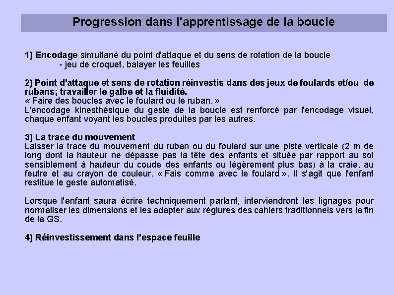 Progression dans l'apprentissage de la boucle 1) Encodage simultané du point d'attaque et du