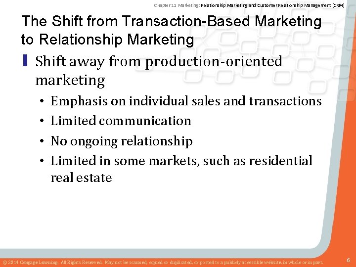 Chapter 11 Marketing: Relationship Marketing and Customer Relationship Management (CRM) The Shift from Transaction-Based