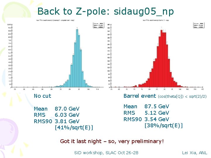 Back to Z-pole: sidaug 05_np No cut Barrel event Mean 87. 0 Ge. V