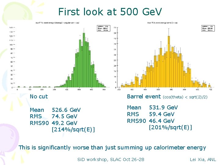 First look at 500 Ge. V No cut Barrel event Mean 526. 6 Ge.