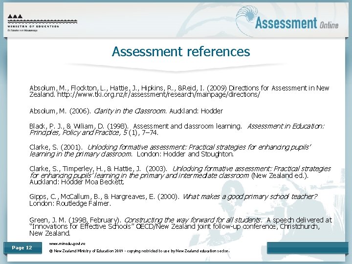 Assessment references Absolum, M. , Flockton, L. , Hattie, J. , Hipkins, R. ,