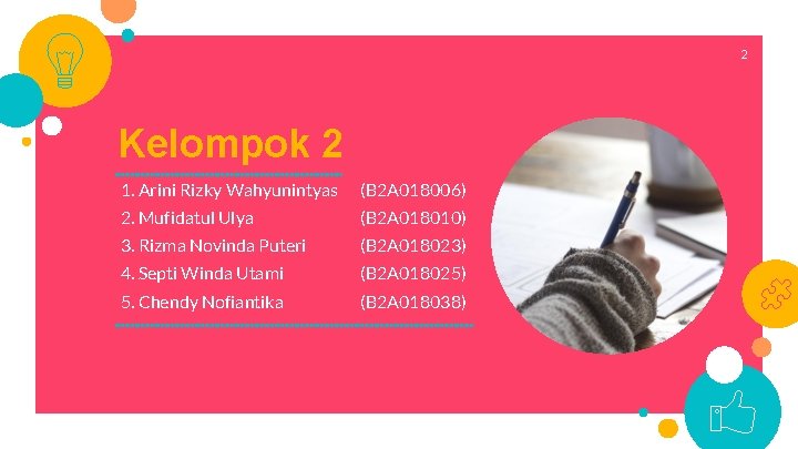 2 Kelompok 2 1. Arini Rizky Wahyunintyas (B 2 A 018006) 2. Mufidatul Ulya