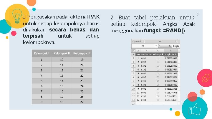 1. Pengacakan pada faktorial RAK untuk setiap kelompoknya harus dilakukan secara bebas dan terpisah