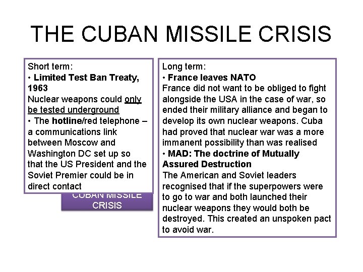 THE CUBAN MISSILE CRISIS Short term: • Limited Test Ban Treaty, 1963 Nuclear weapons