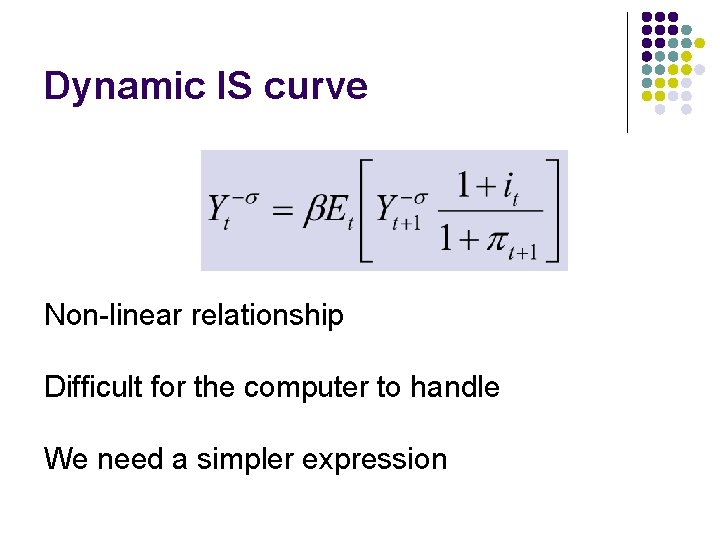 Dynamic IS curve Non-linear relationship Difficult for the computer to handle We need a